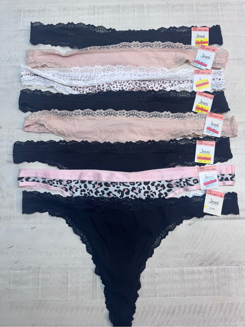 Jenni pack of 8 Women's Assorted Lace Trim Thongs Black tan Leopard nwt XXXL
